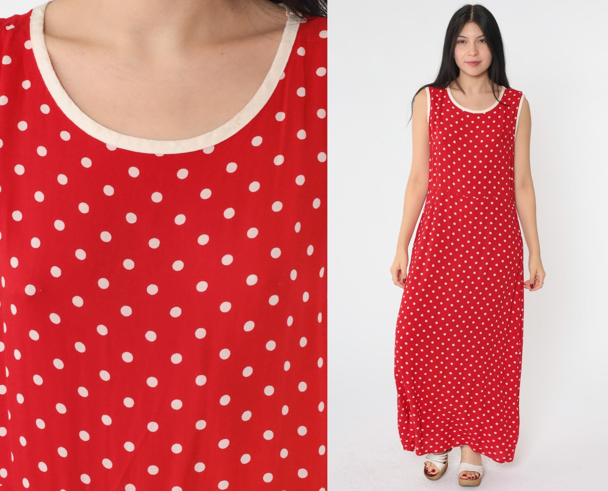 90s Red Polka Dot Maxi Dress Sleeveless High Waist Scoop Neck Medium