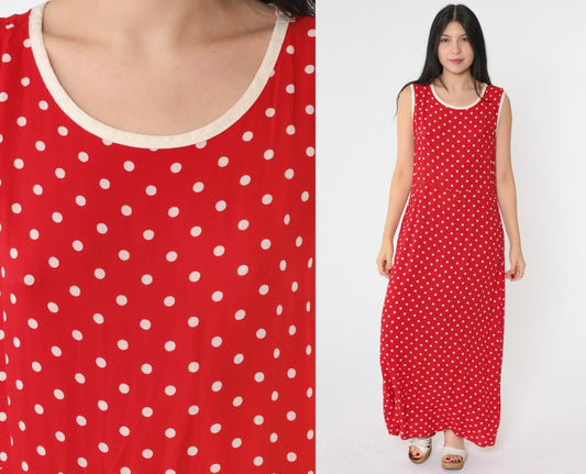 90s Red Polka Dot Maxi Dress Sleeveless High Waist Scoop Neck Medium