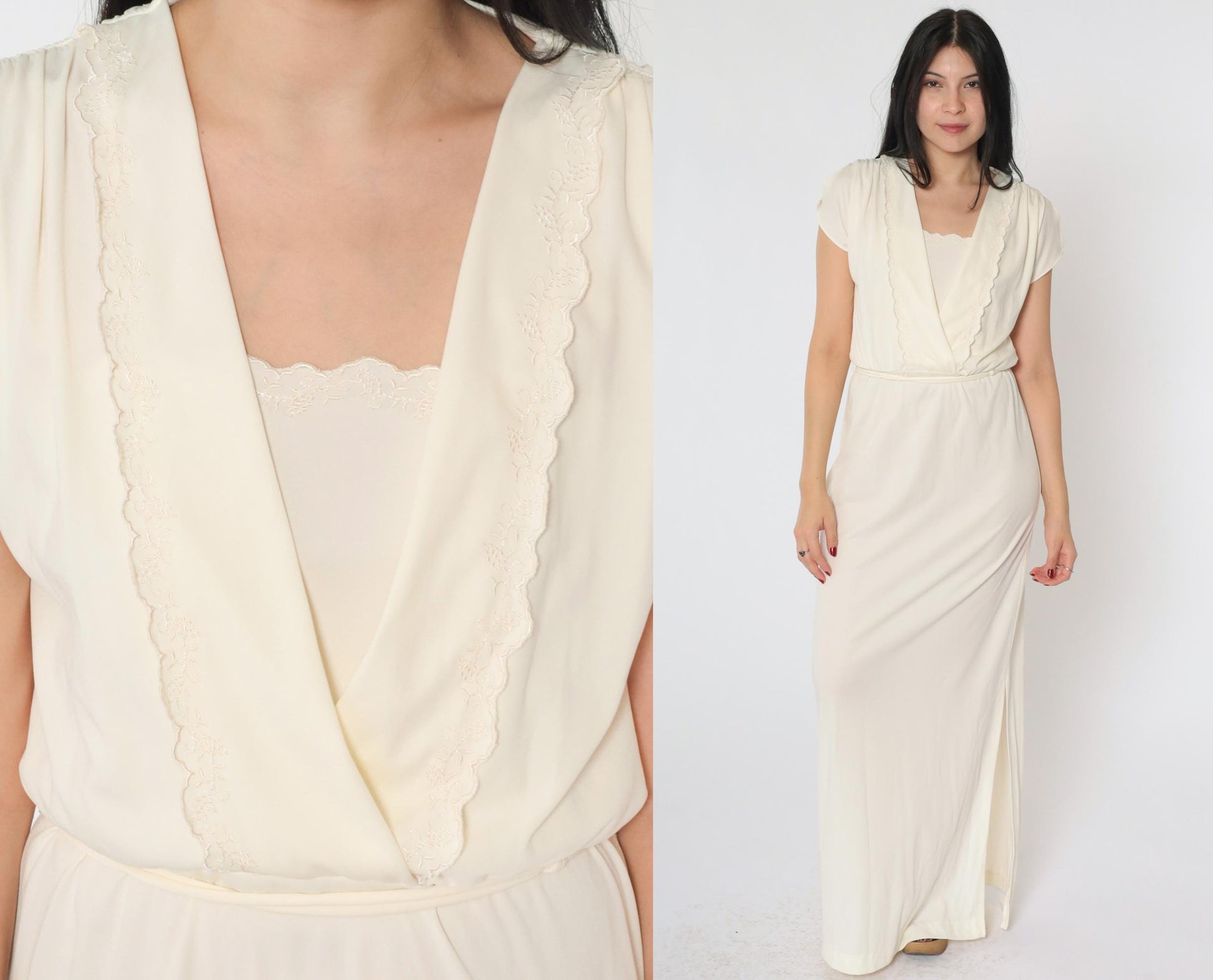 70s Cream Maxi Dress Embroidered Floral Wrap Bodice Flutter Sleeve Small