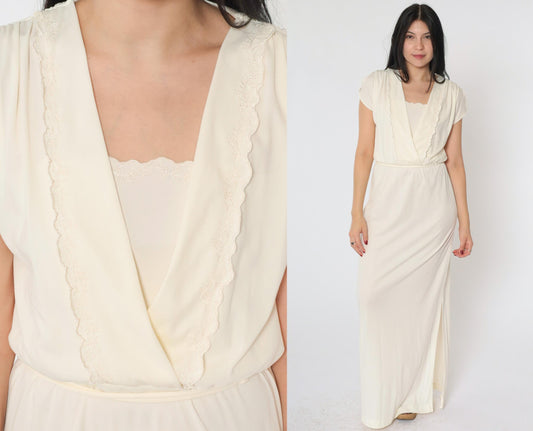 70s Cream Maxi Dress Embroidered Floral Wrap Bodice Flutter Sleeve Small