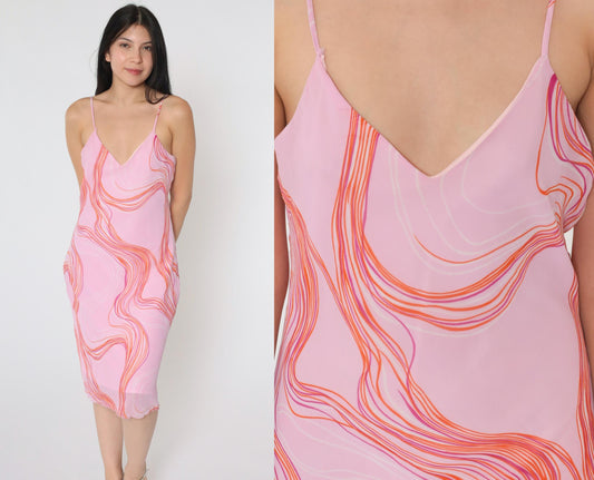 Y2K Pink Chiffon Slip Dress Abstract Swirl Print V-Neck Midi Medium 8