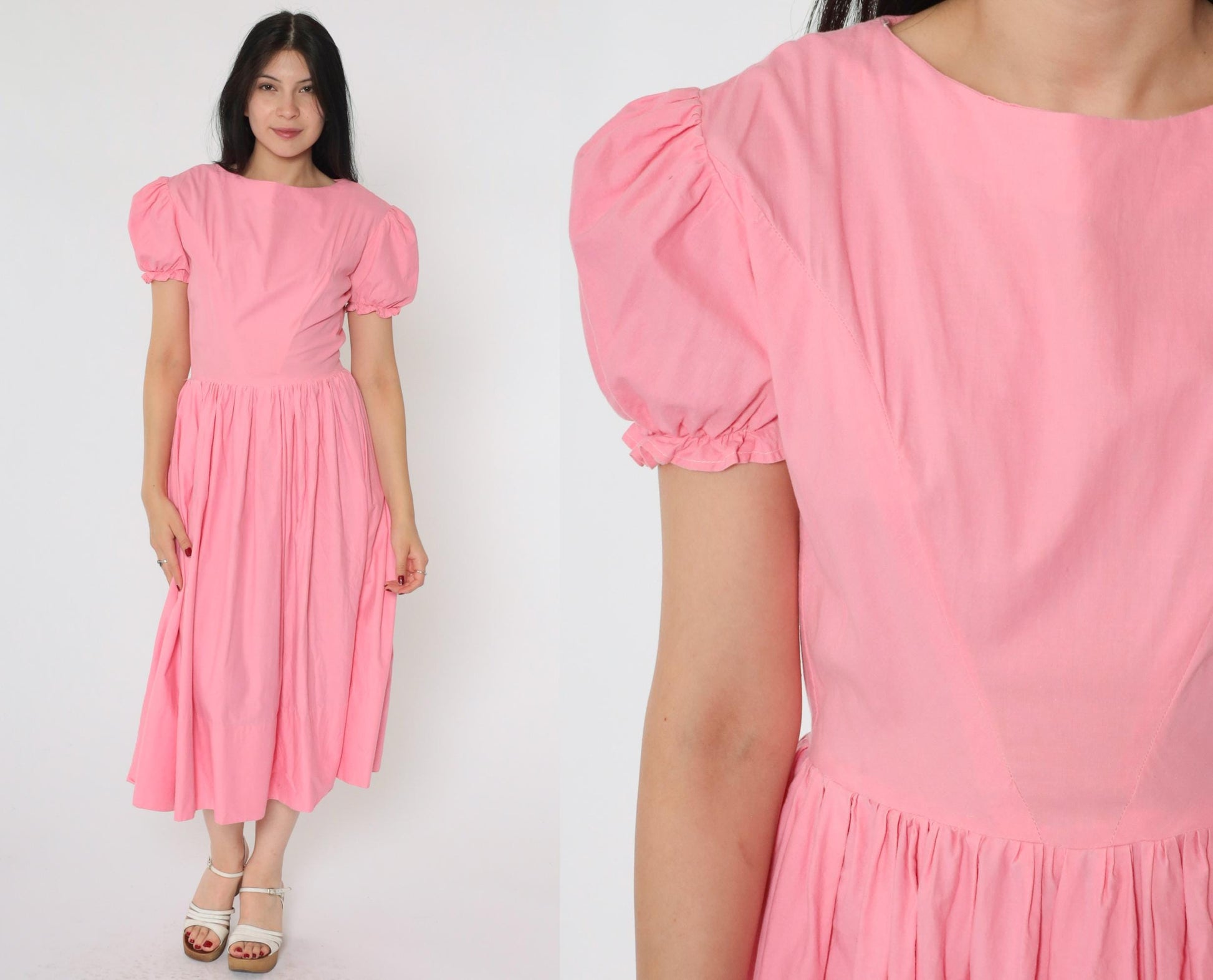 60s Bright Pink Puff Sleeve Midi Dress High Waist Full Skirt Small S