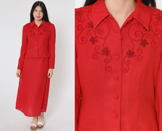 90s Karin Stevens Red Soutache Beaded Two-Piece Dress Set Ankle Length Small Petite