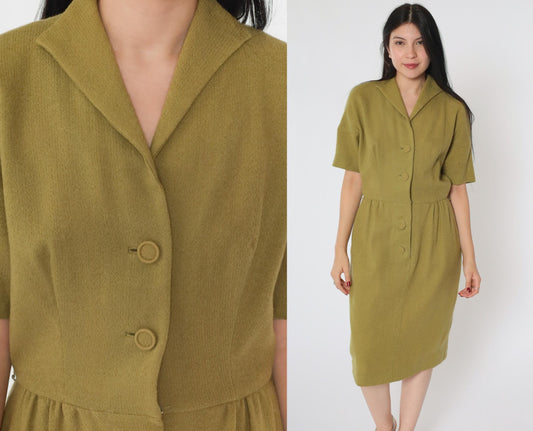 60s Olive Green Wool Pencil Dress Button Front High Waist Short Sleeve Midi Medium 8