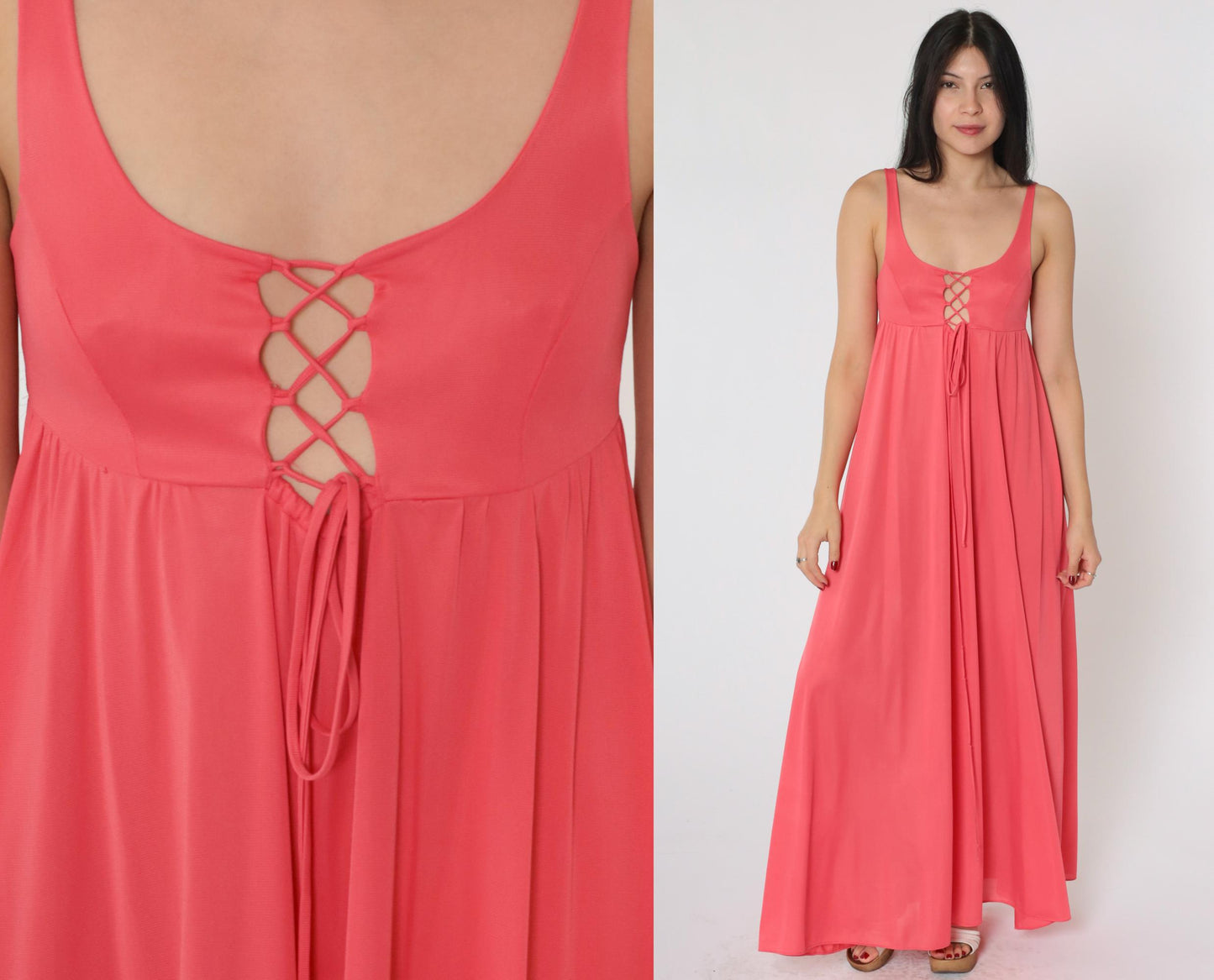 70s Coral Pink Lace-Up Slip Dress Maxi Empire Waist Scoop Neck Extra Small