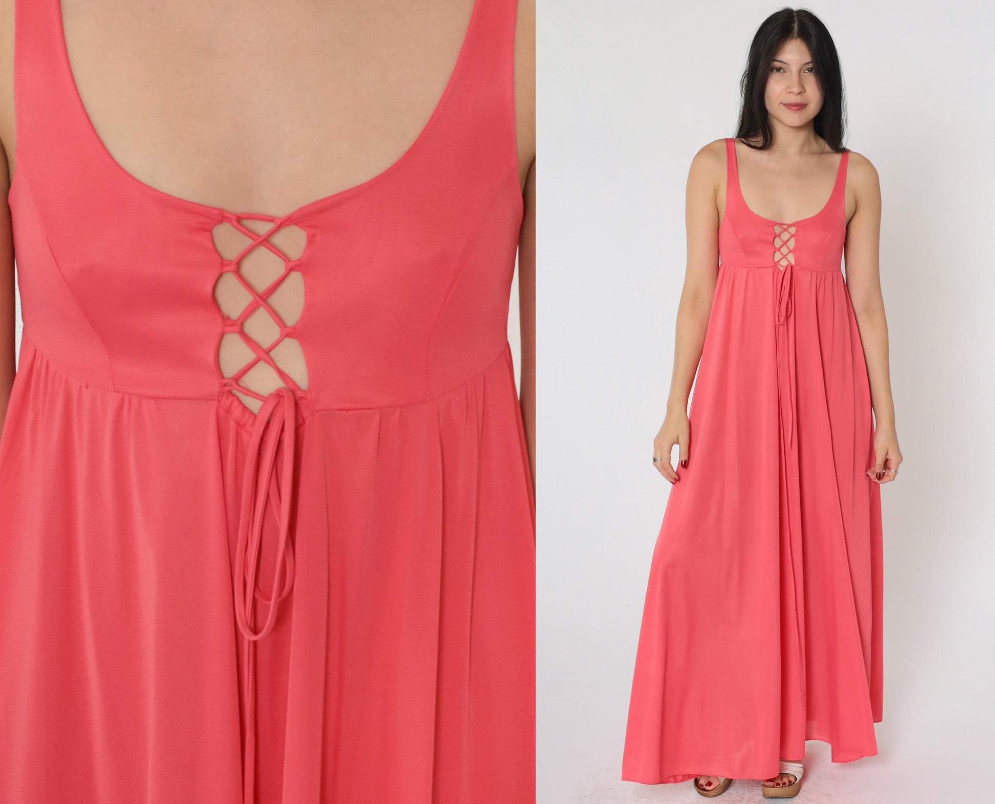 70s Coral Pink Lace-Up Slip Dress Maxi Empire Waist Scoop Neck Extra Small