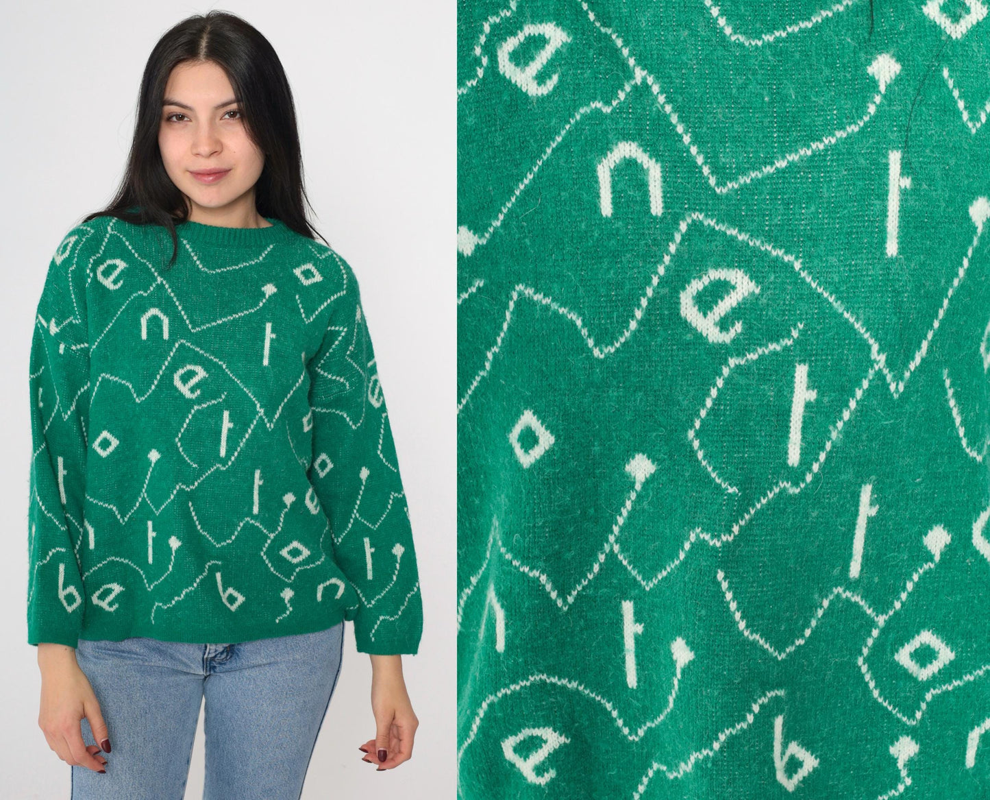 80s Benetton Wool Blend Sweater Green Spellout Graphic Crewneck Small