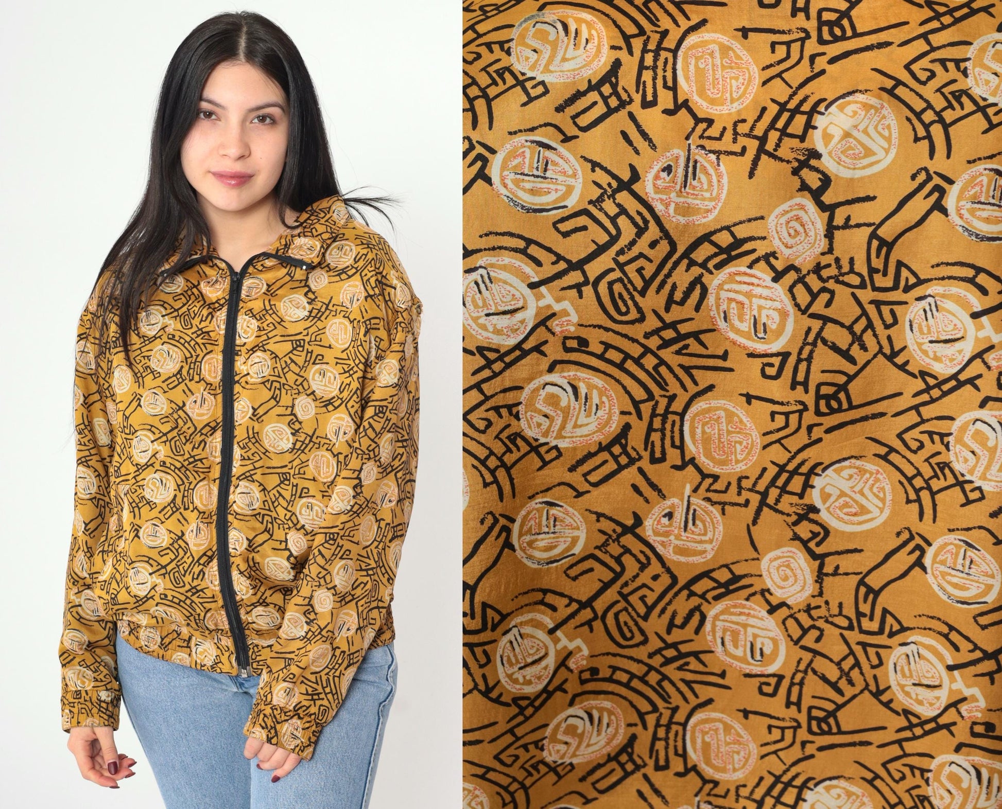 90s Kiku Silk Windbreaker Mustard Yellow Asian Symbol Zip Jacket Small