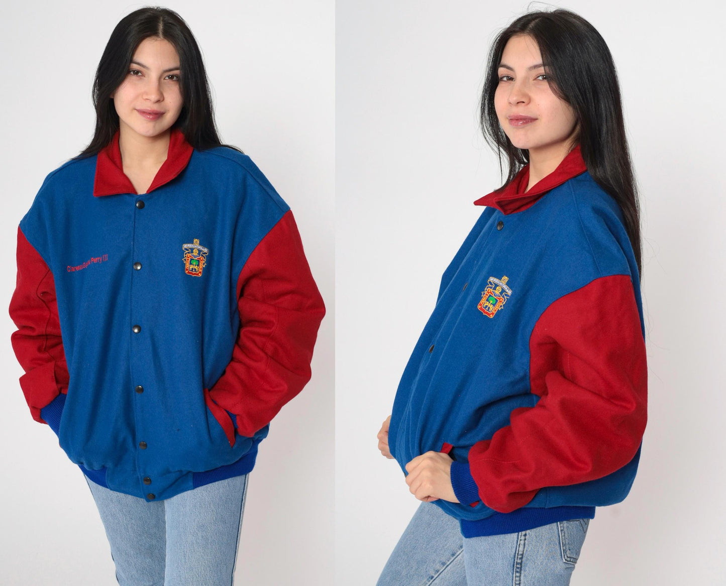 90s Universidad de Guadalajara Wool Varsity Jacket Lion Embroidery Blue Red Large