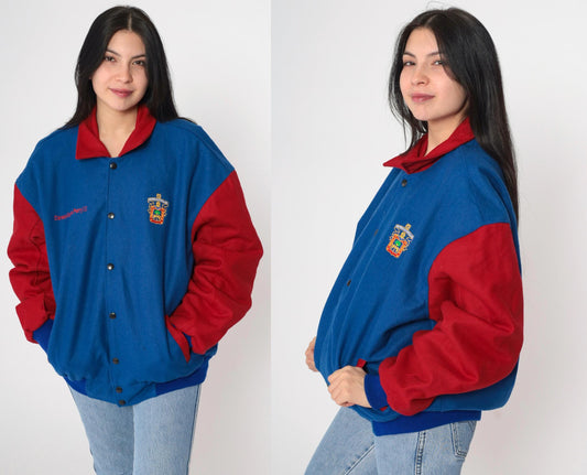 90s Universidad de Guadalajara Wool Varsity Jacket Lion Embroidery Blue Red Large