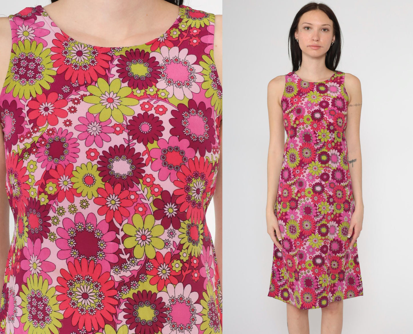 90s Floral Midi Sundress Shift Sleeveless Pink Purple Lime Green 2XS