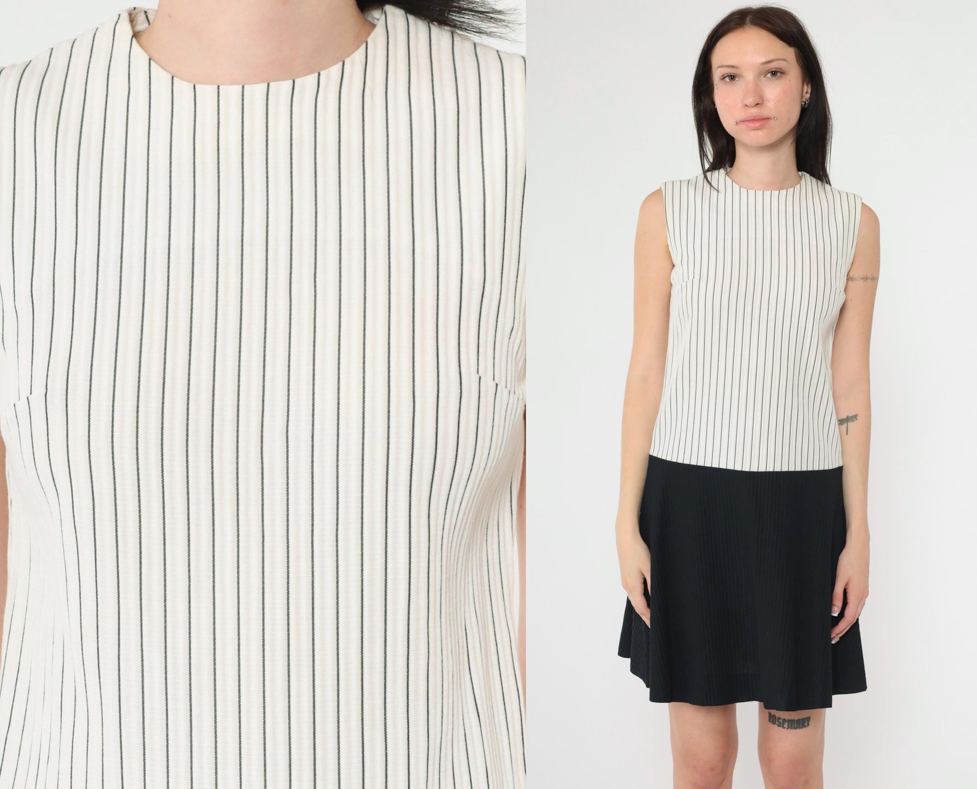 60s Mod Shift Dress Black White Striped Mini Drop Waist Sleeveless Extra Small