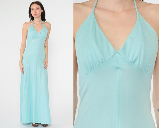70s Light Blue Halter Maxi Dress Open Back Empire Waist Extra Small