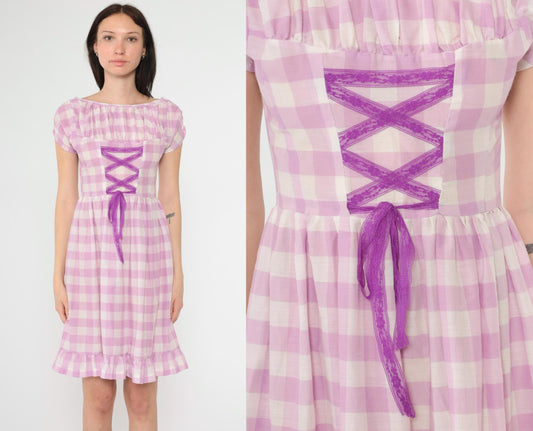 60s Lavender Gingham Mini Dress Lace-Up Corset Cap Sleeve High Waist Extra Small