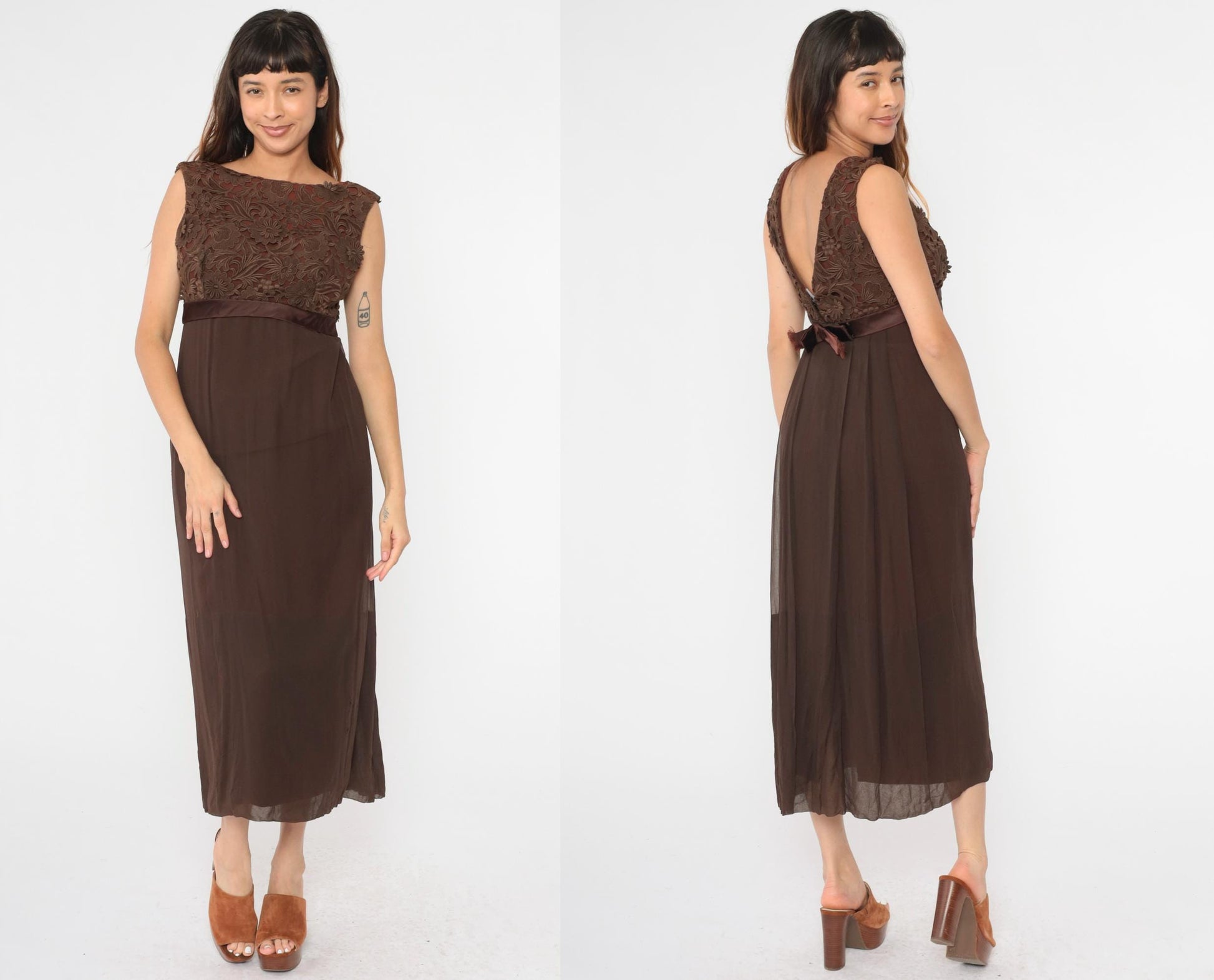 1960s Brown Lace Empire Waist Maxi Dress V Back Bow Sleeveless Medium 8