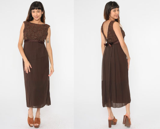 1960s Brown Lace Empire Waist Maxi Dress V Back Bow Sleeveless Medium 8