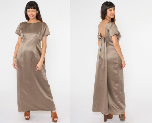 90s Bill Levkoff Satin Maxi Dress Mocha Brown Empire Waist Bow Back Small