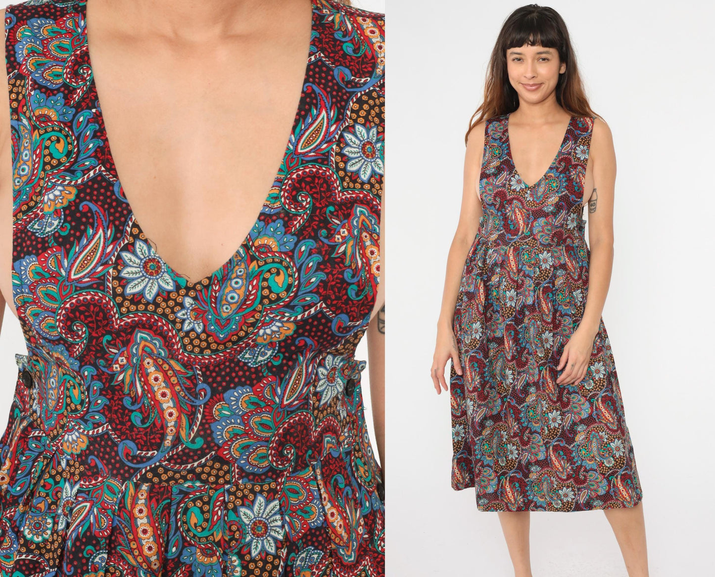 80s Paisley Cotton Midi Pinafore Dress Deep V Neck High Waist Small