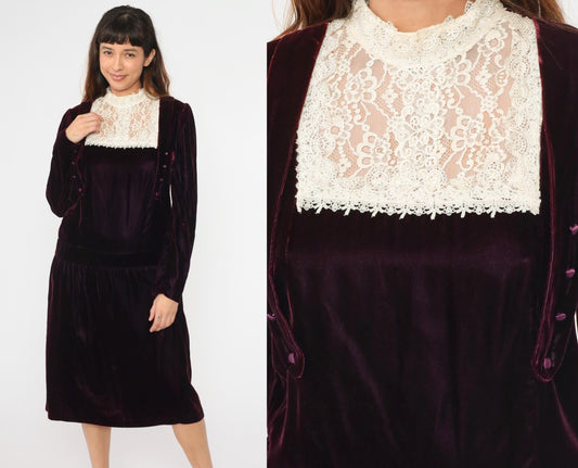 80s Jessica McClintock Purple Velvet Midi Dress Cream Lace High Neck Medium