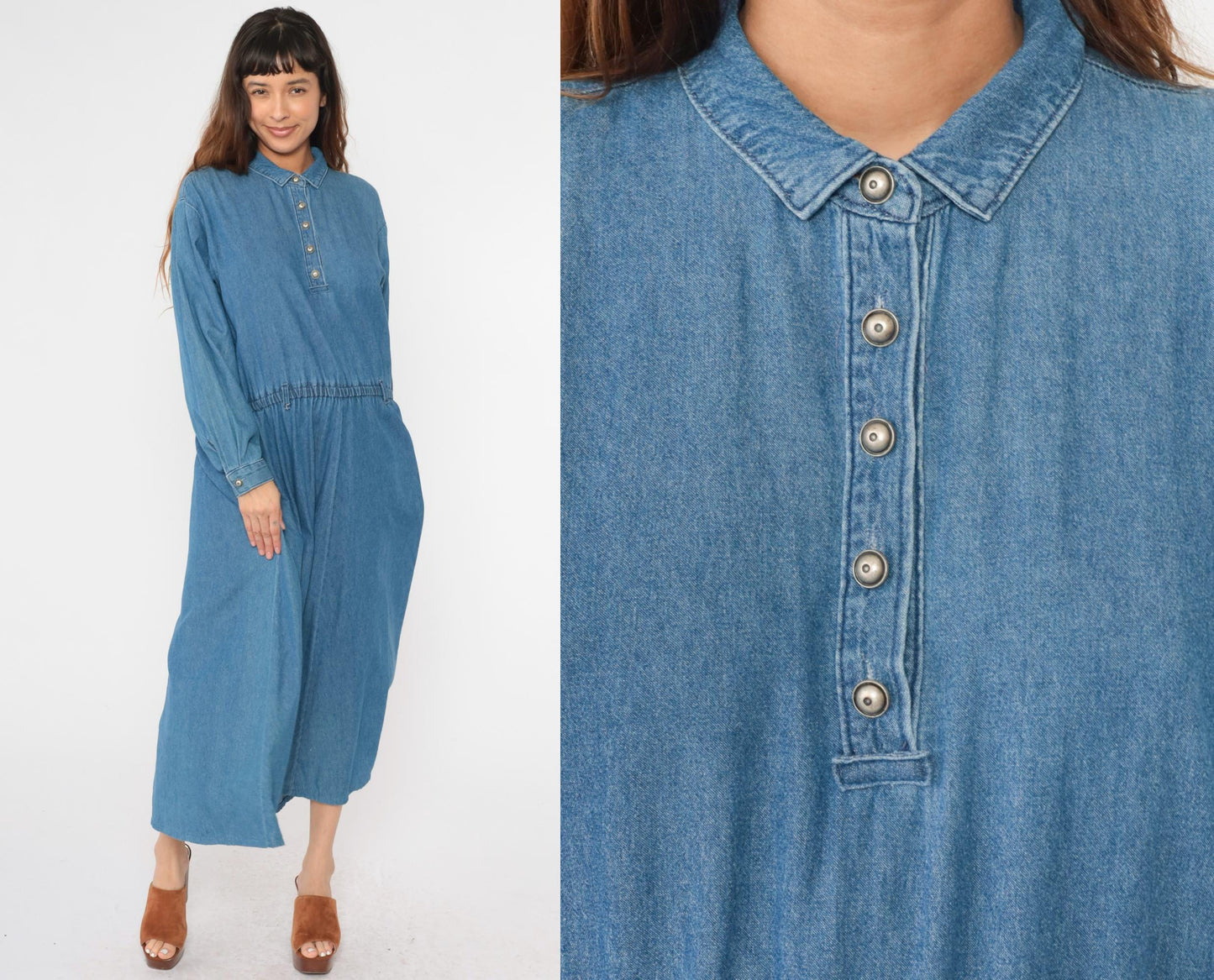 90s Coldwater Creek Denim Shirtdress Blue Jean Midi High Waist Large