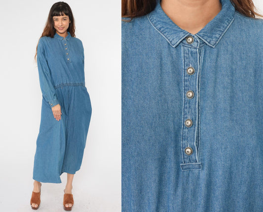 90s Coldwater Creek Denim Shirtdress Blue Jean Midi High Waist Large