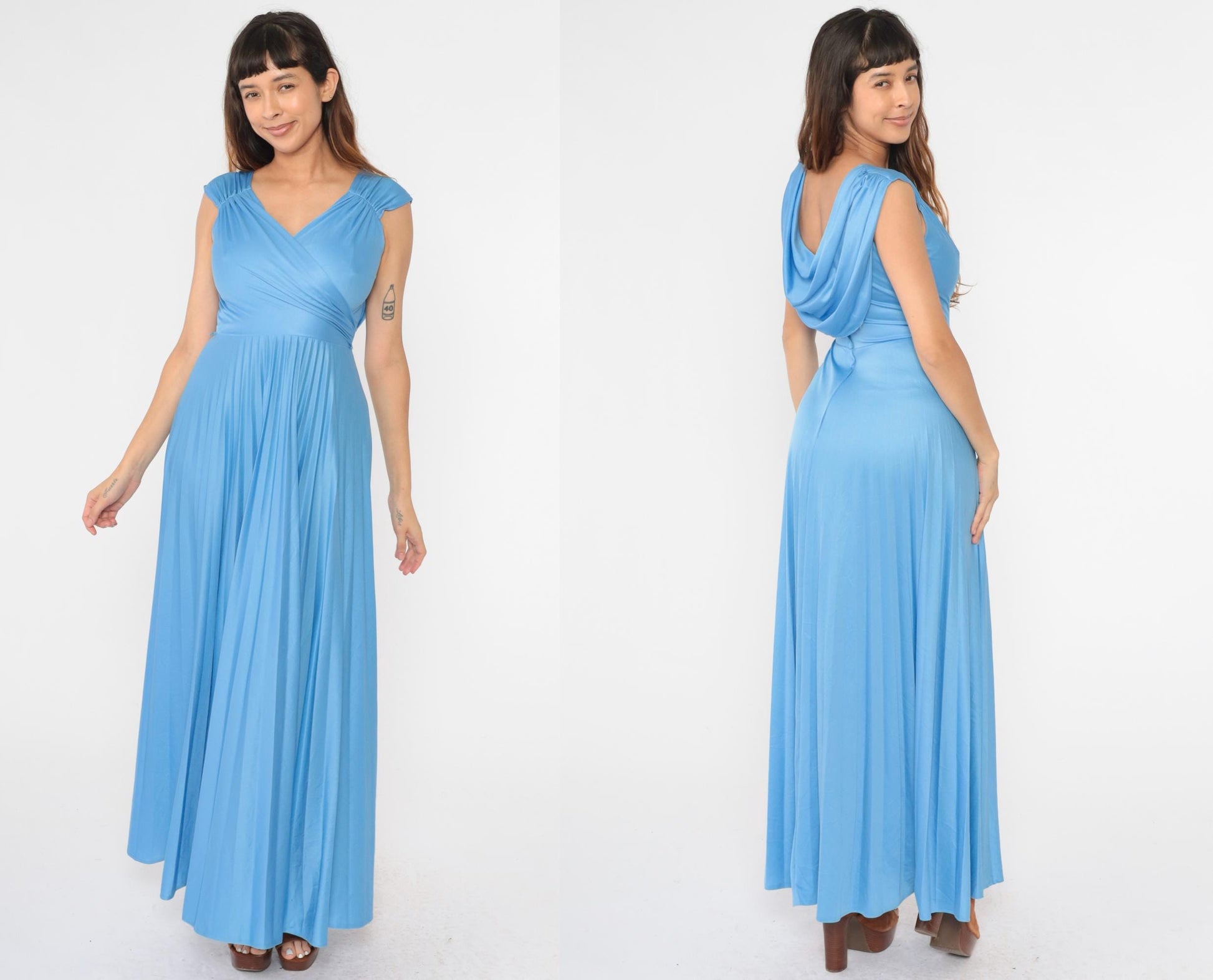 70s Blue Maxi Dress Pleated Wrap V-Neck Cap Sleeve High Waist Small