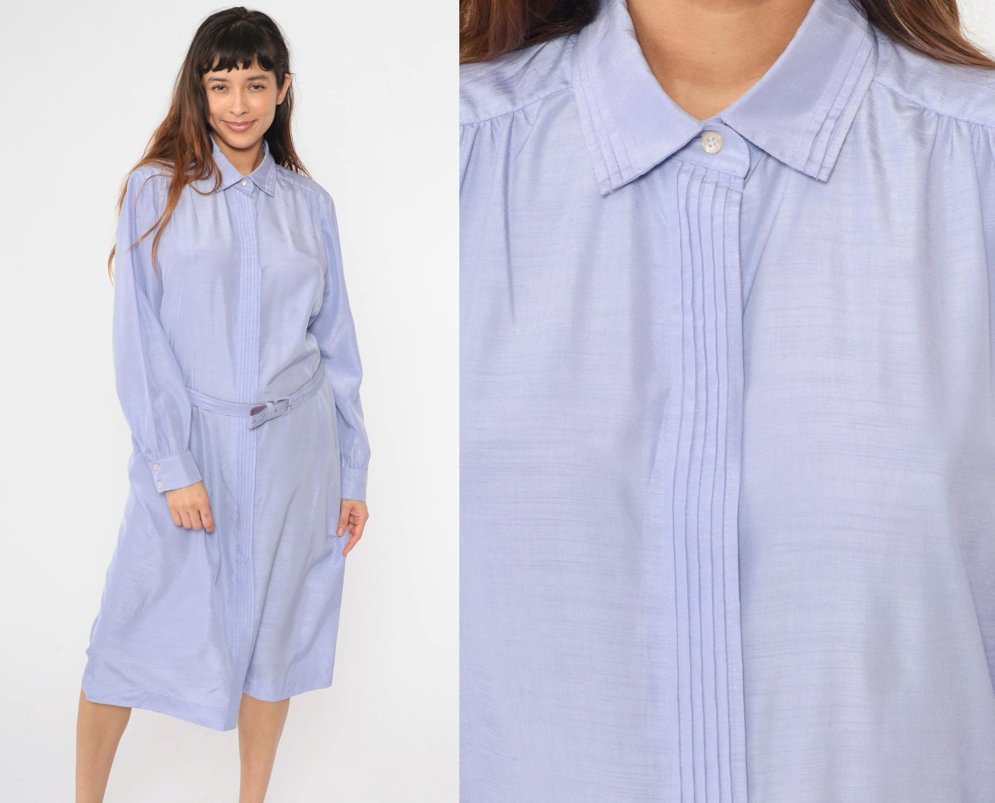 80s Lavender Shirt Dress Pleated Front Belted Midi Button Up Long Sleeve Extra Large XXL