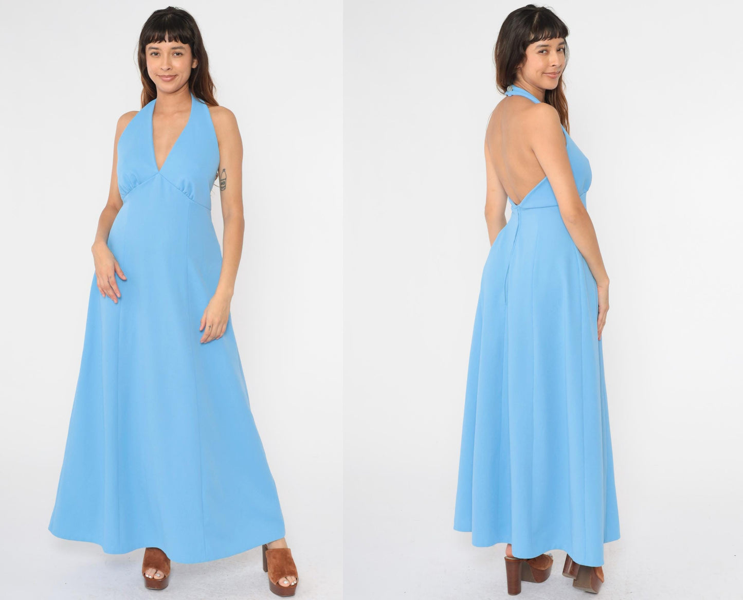70s Blue Halter Maxi Dress Empire Waist Open Back Sleeveless Medium M
