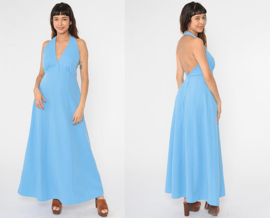 70s Blue Halter Maxi Dress Empire Waist Open Back Sleeveless Medium M