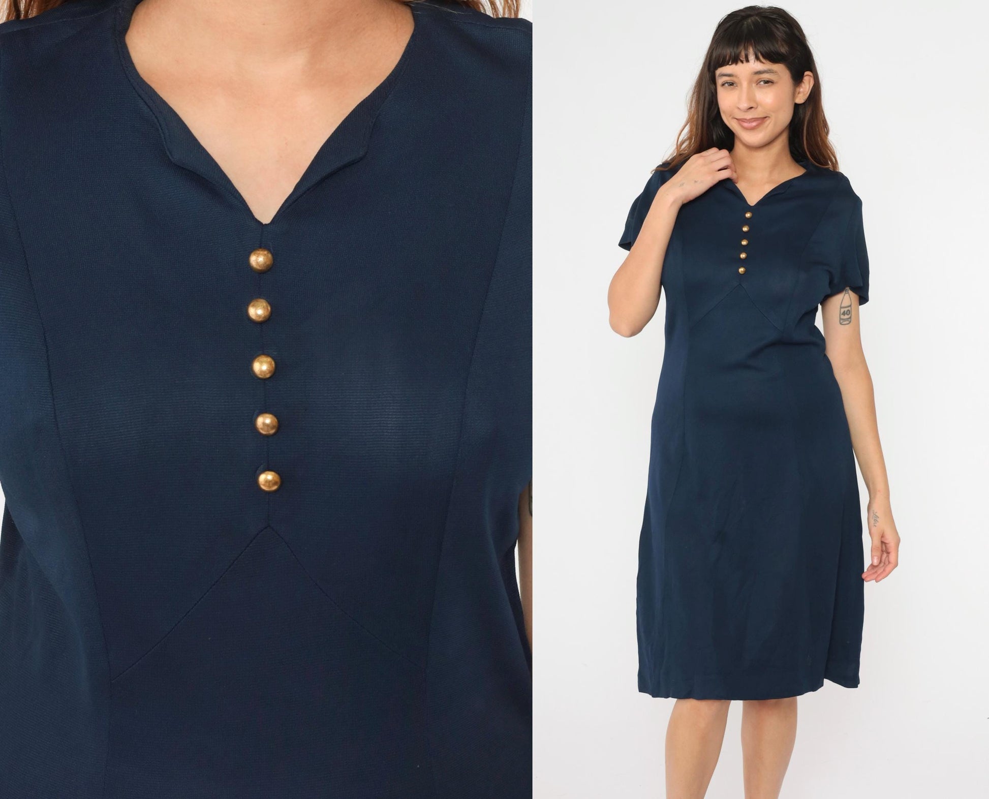 1960s Navy Shift Dress Midi Button Detail Short Sleeve Medium