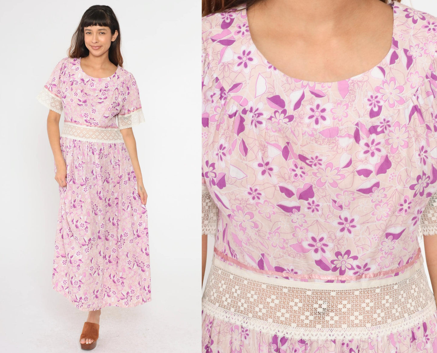 Y2K Floral Maxi Dress Purple Pink Lace Trim Short Sleeve Large