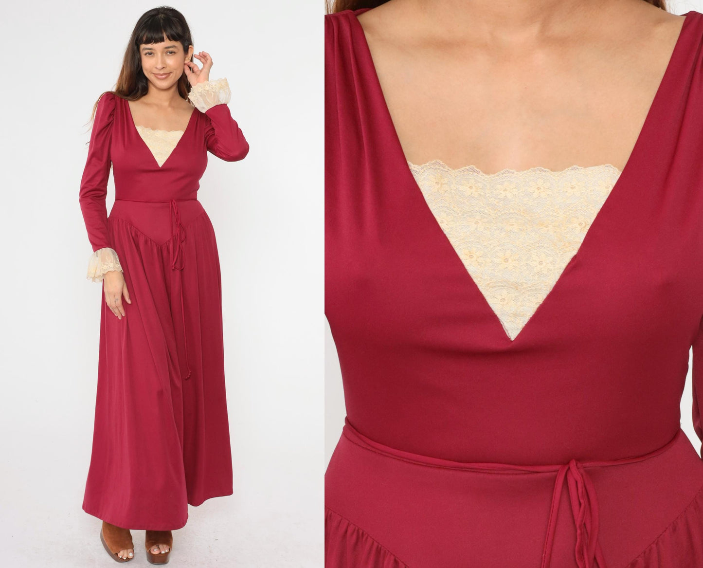 70s Bianchi Raspberry Maxi Dress Puff Sleeve Lace Trim High Waist Small