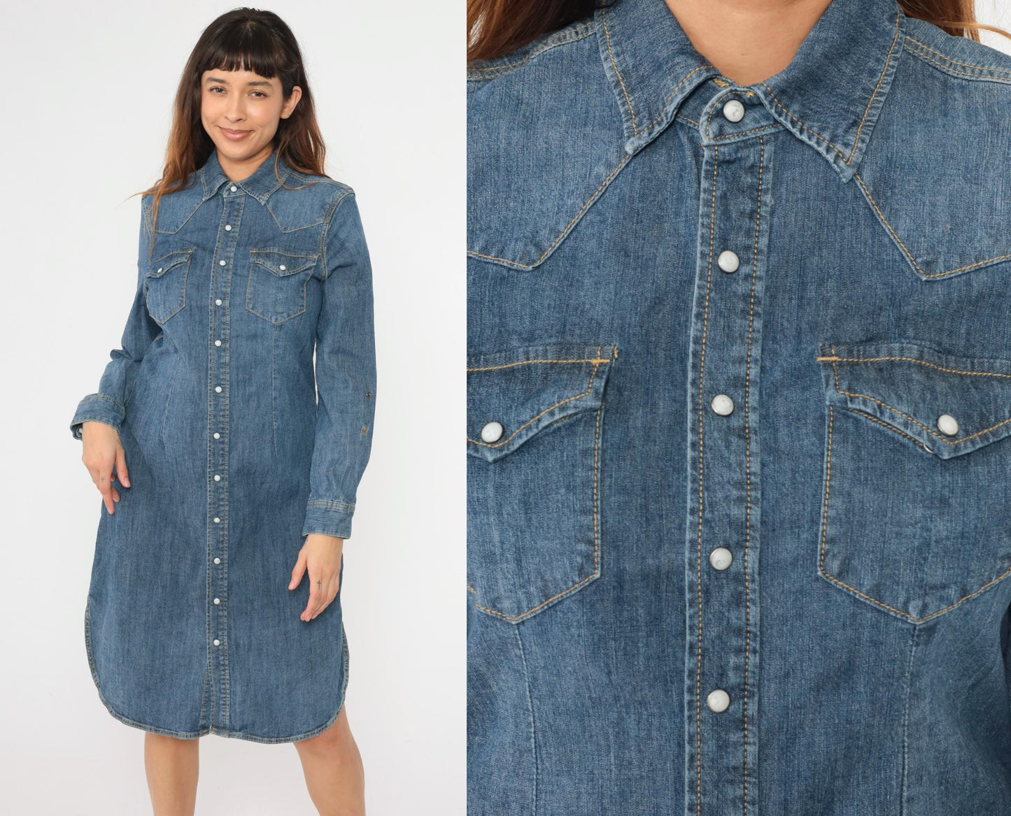 00s Reba Denim Midi Dress Pearl Snap Button-Up Sheath Blue Cotton Medium