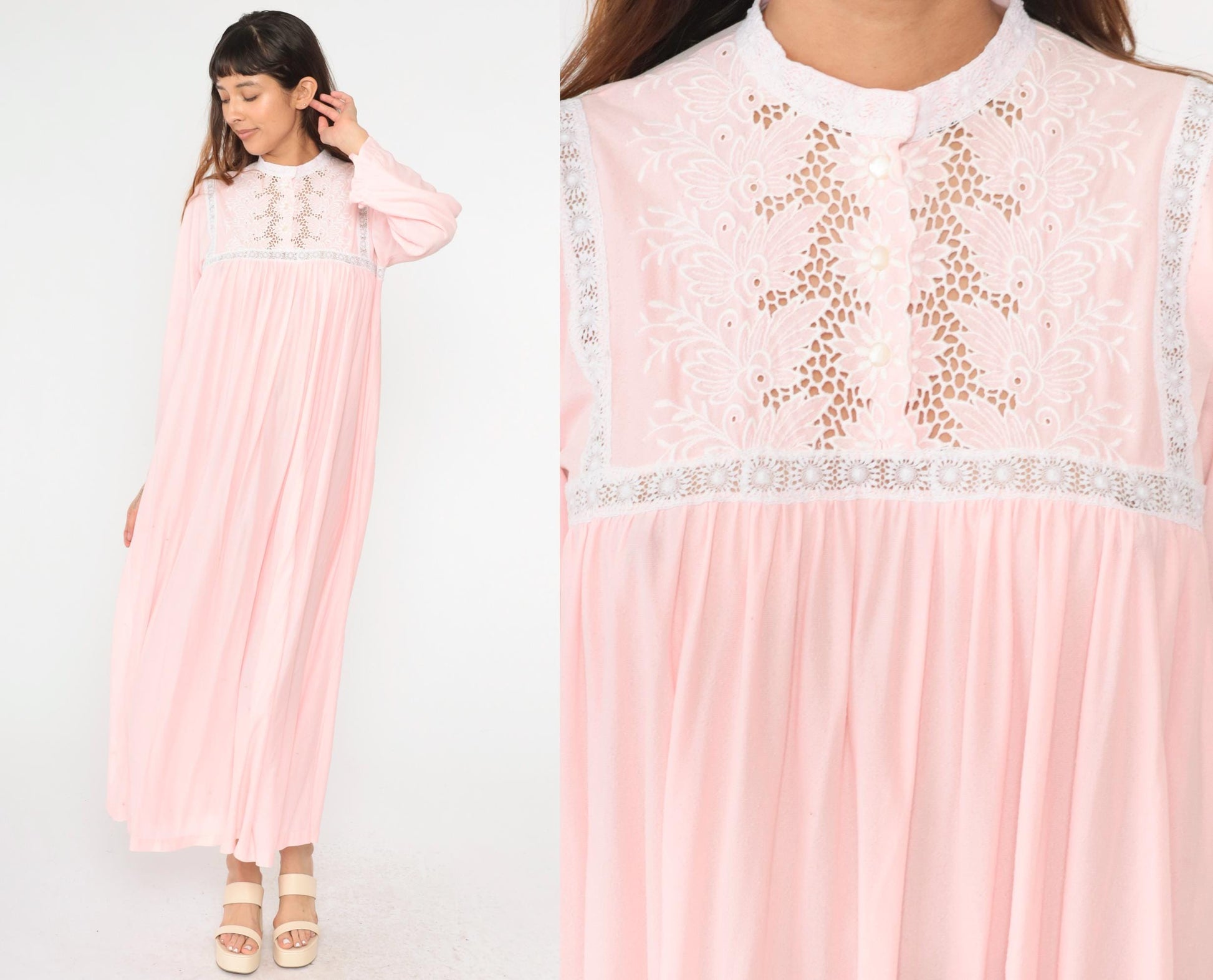 80s Baby Pink Floral Embroidered Lace Cutwork Maxi Nightgown Long Sleeve Large L