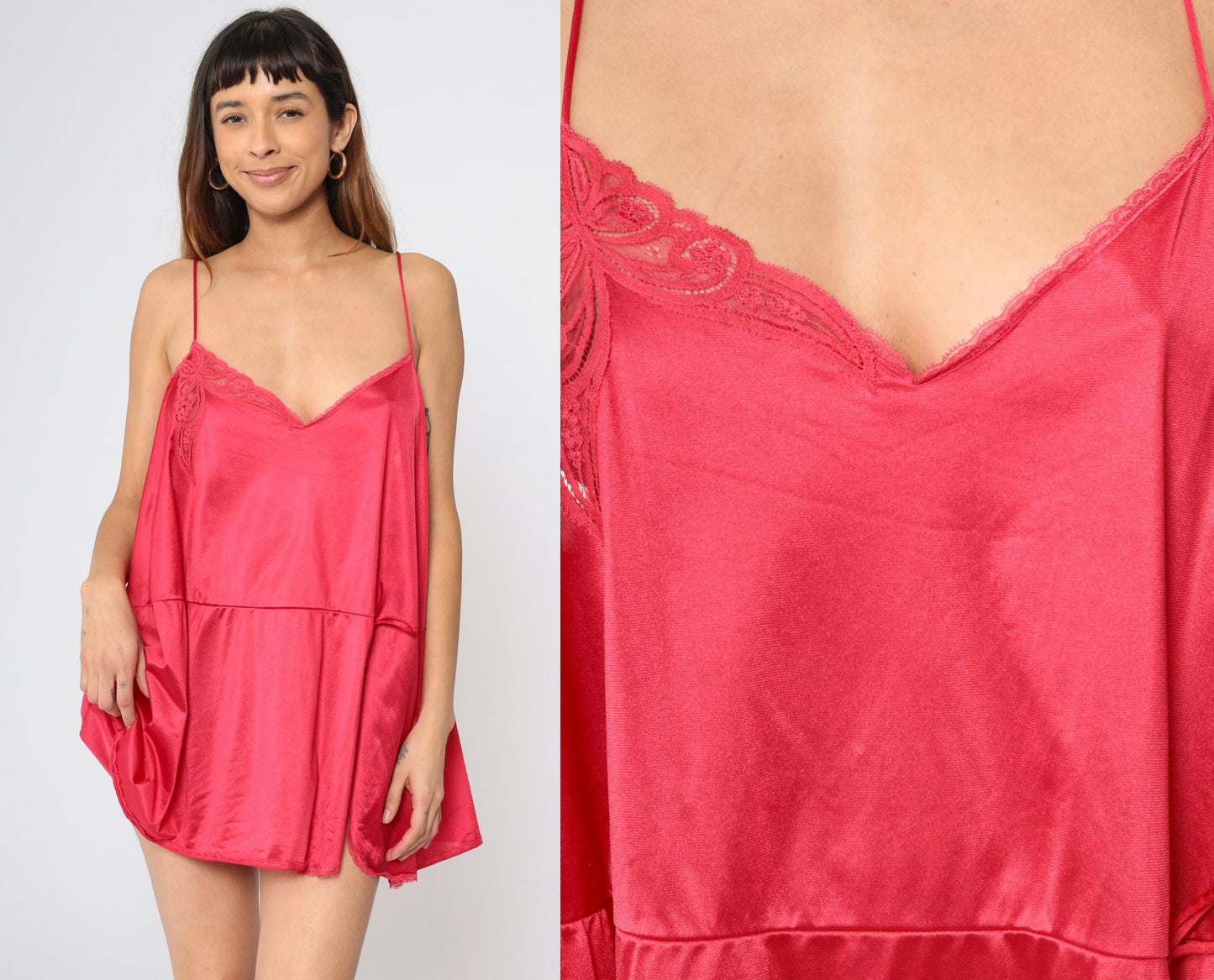 80s Vanity Fair Slip Dress Plus Size XXL Raspberry Pink Lace Spaghetti Strap Mini