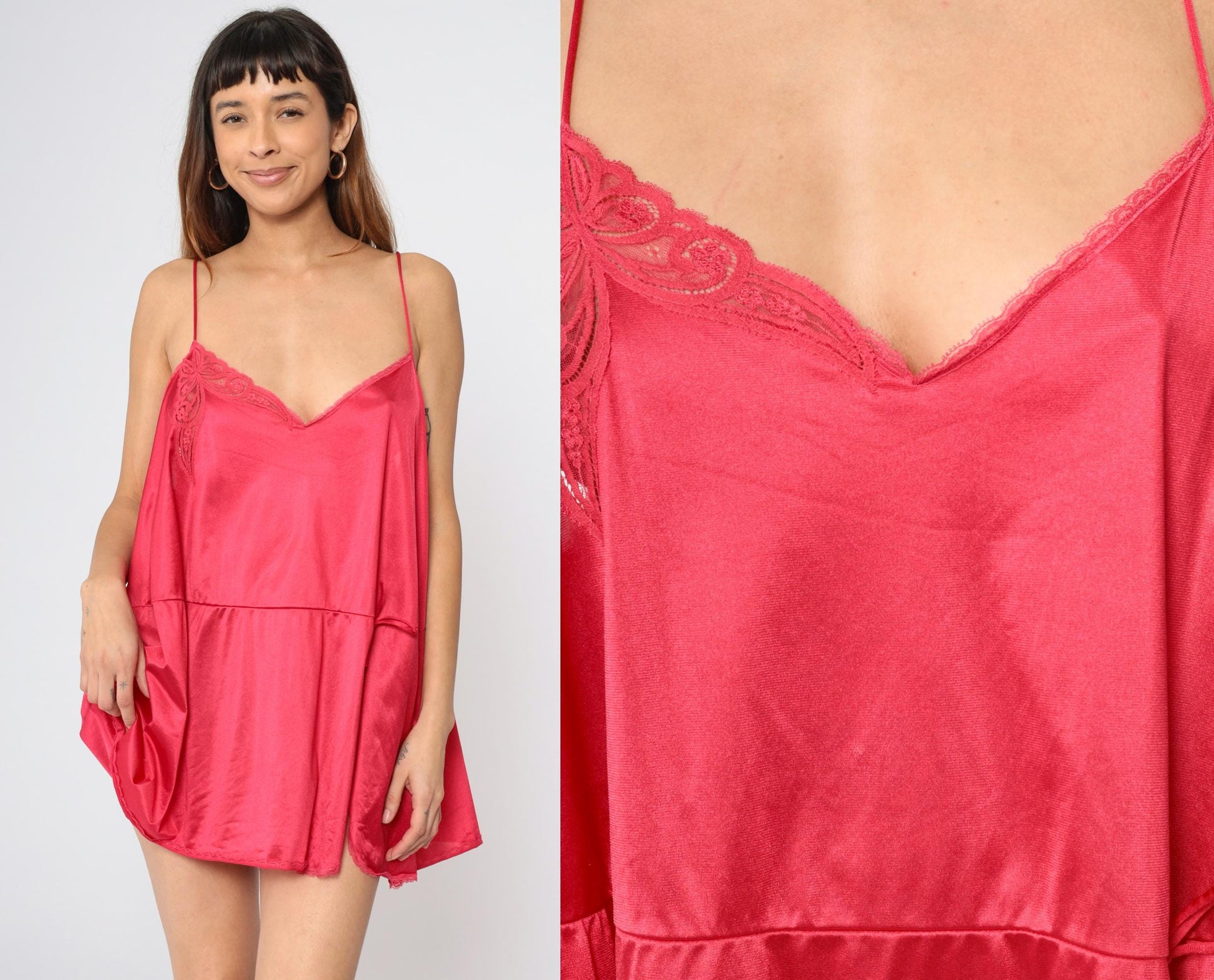 80s Vanity Fair Slip Dress Plus Size XXL Raspberry Pink Lace Spaghetti Strap Mini
