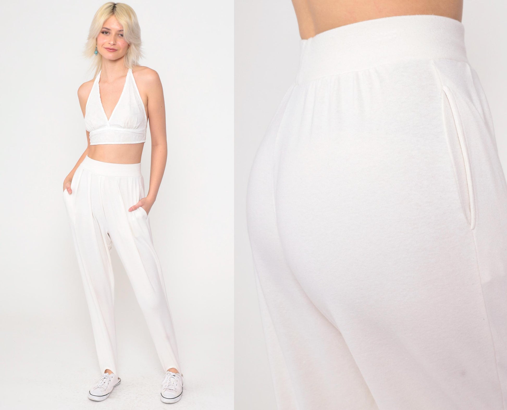 90s White Stirrup Pants High Waisted Pleated Tapered Leg Small