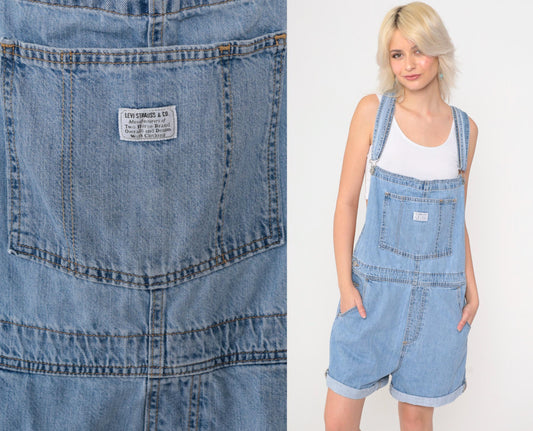 Levi's Denim Overall Shorts Blue Suspender Bib Shortalls Extra Large XXL