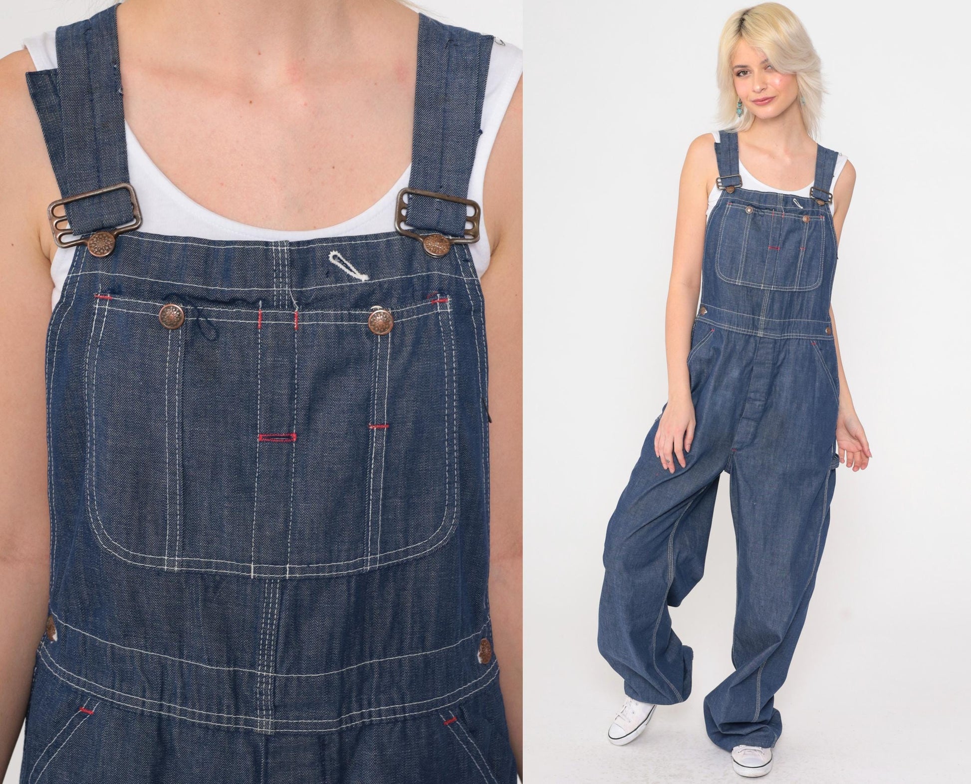 70s Dark Blue Denim Bib Overalls Wide Leg Long Dungarees Small S