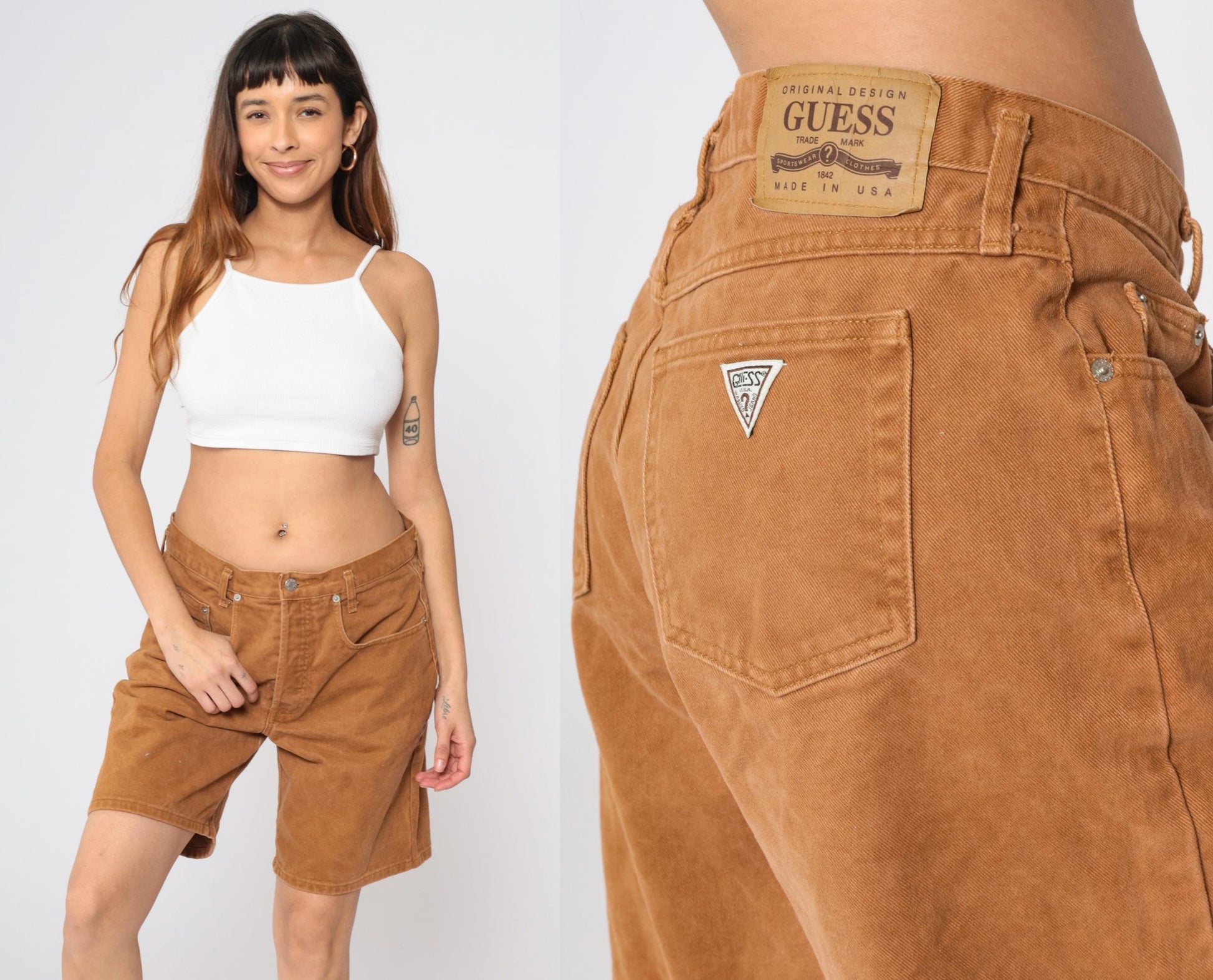 90s Guess Brown Denim Shorts High-Waisted Jean Shorts Large