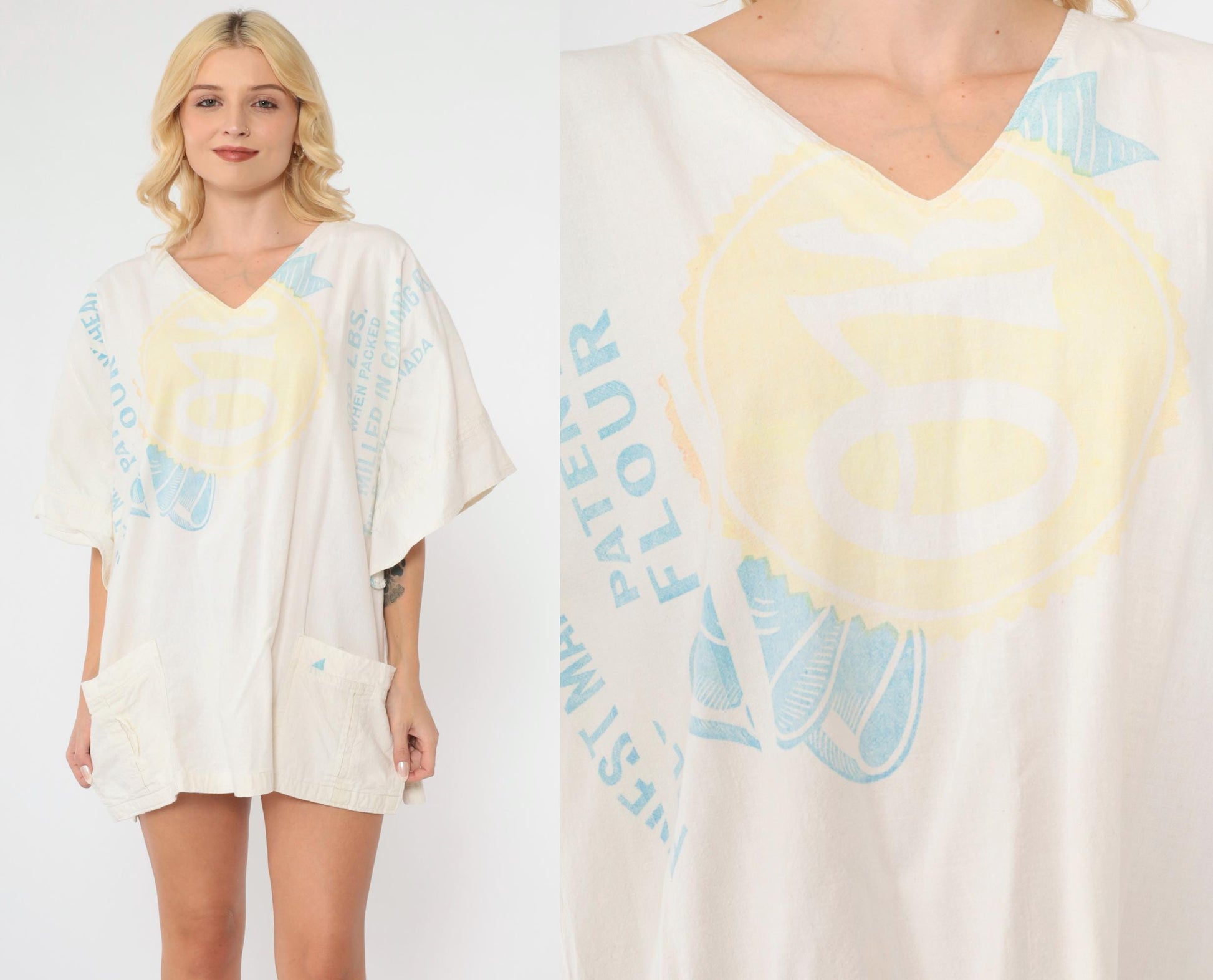 70s Brackman-Ker Milling Co Flour Sack Tunic Bell Sleeve V-Neck White Medium Large