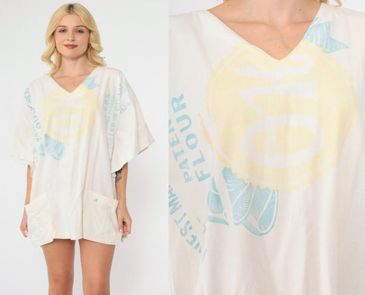 70s Brackman-Ker Milling Co Flour Sack Tunic Bell Sleeve V-Neck White Medium Large