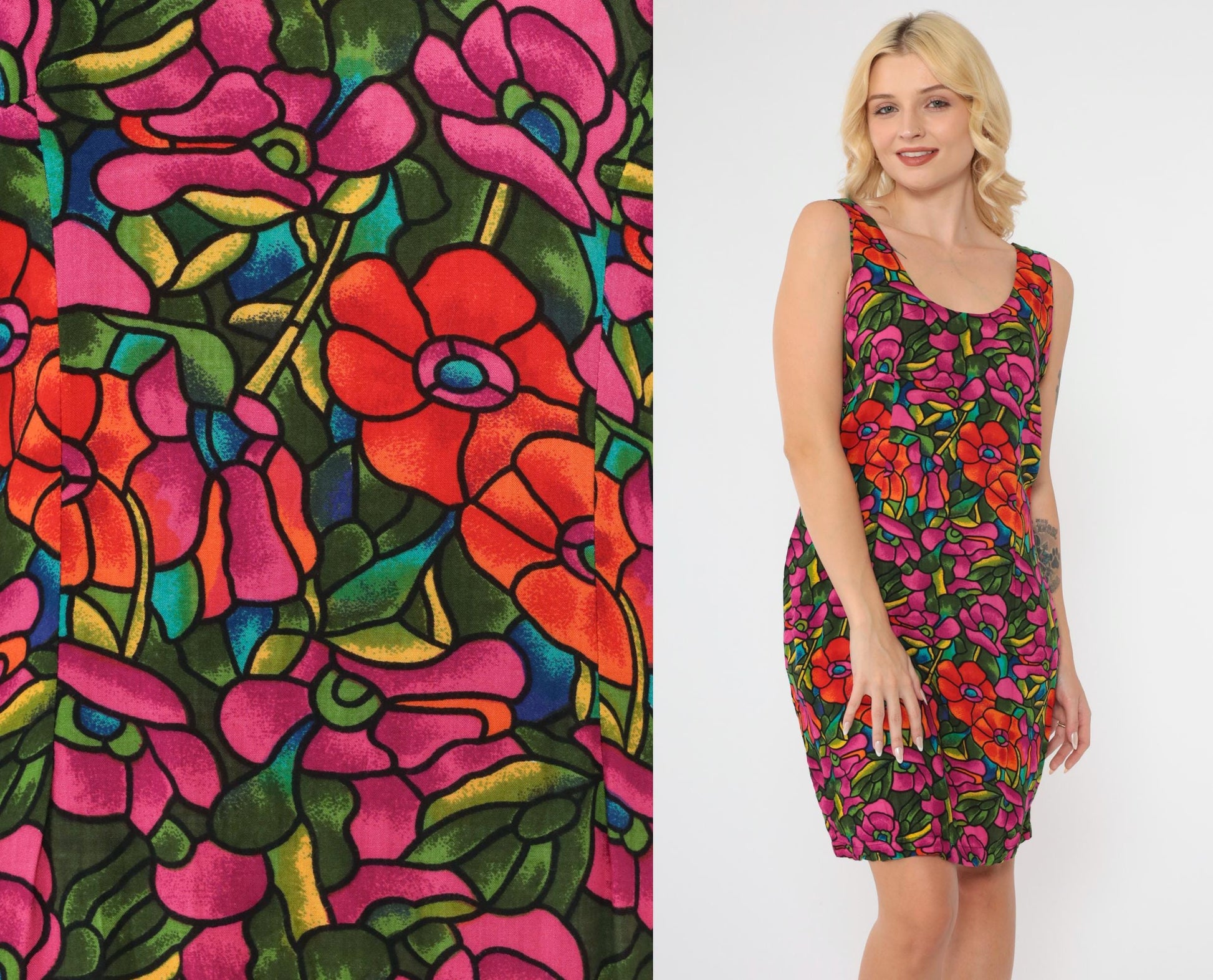 90s Floral Mini Dress V Back Sheath Red Magenta Rayon Sleeveless Medium 8