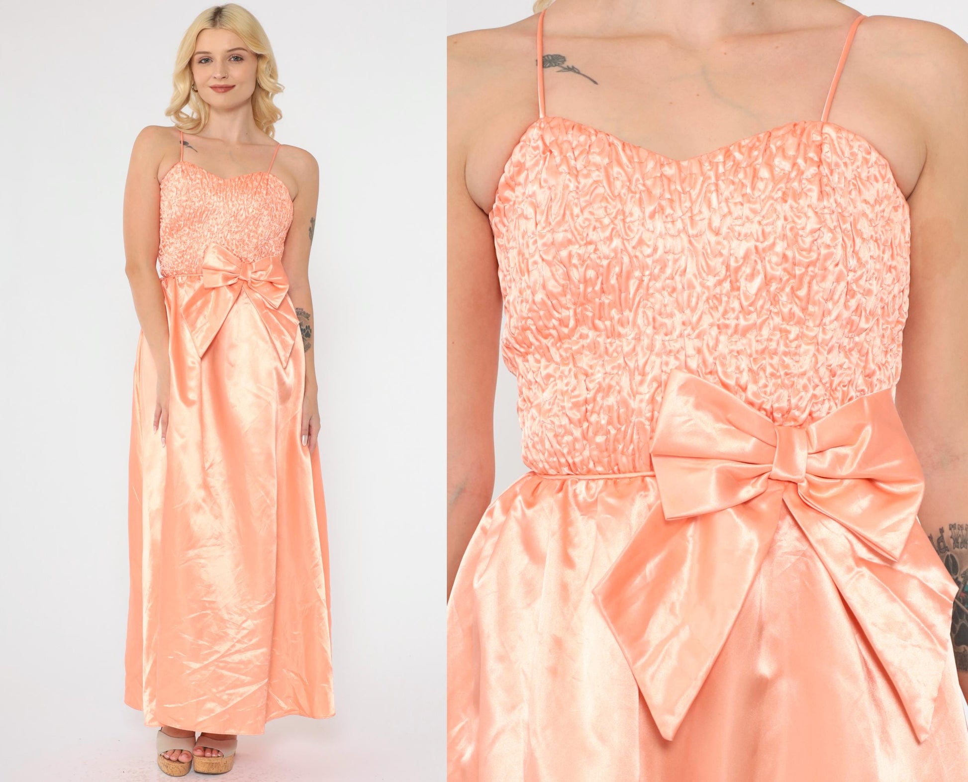 80s Peach Satin Maxi Gown Sweetheart Neckline Bow Waist Ruched XXS