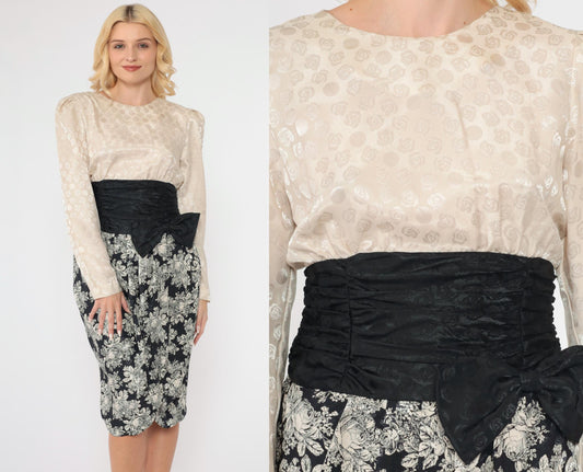 80s Connections Floral Embossed Puff Sleeve Midi Dress Ivory Black Bow Small
