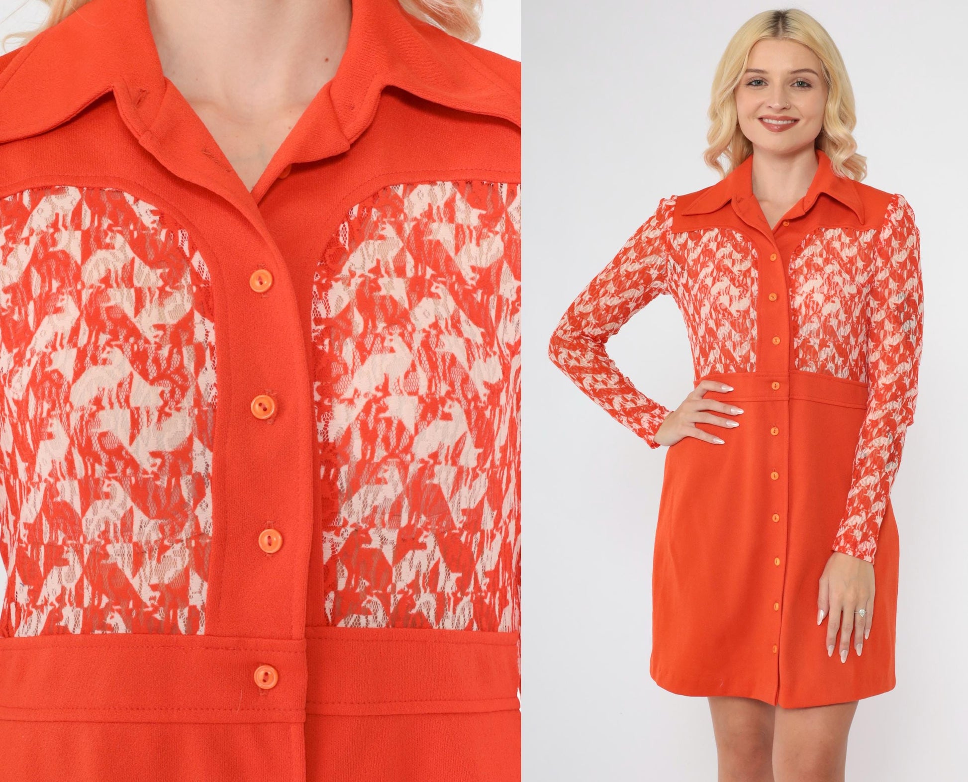 70s Mod Animal Print Mini Dress Orange Lace Collared Button-Up Small