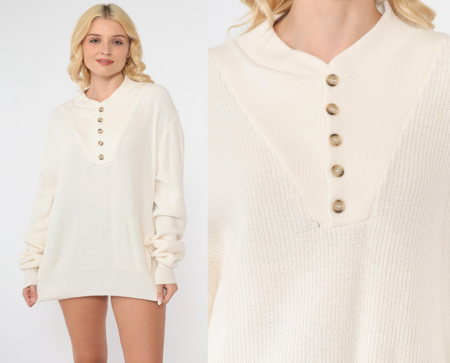 90s St. John's Bay Henley Sweater Cream Cotton Knit Medium