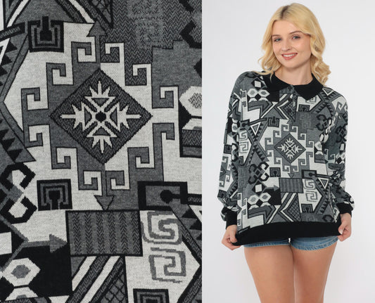 90s C.P. Sport Geometric Knit Polo Sweater Grey Black White Medium