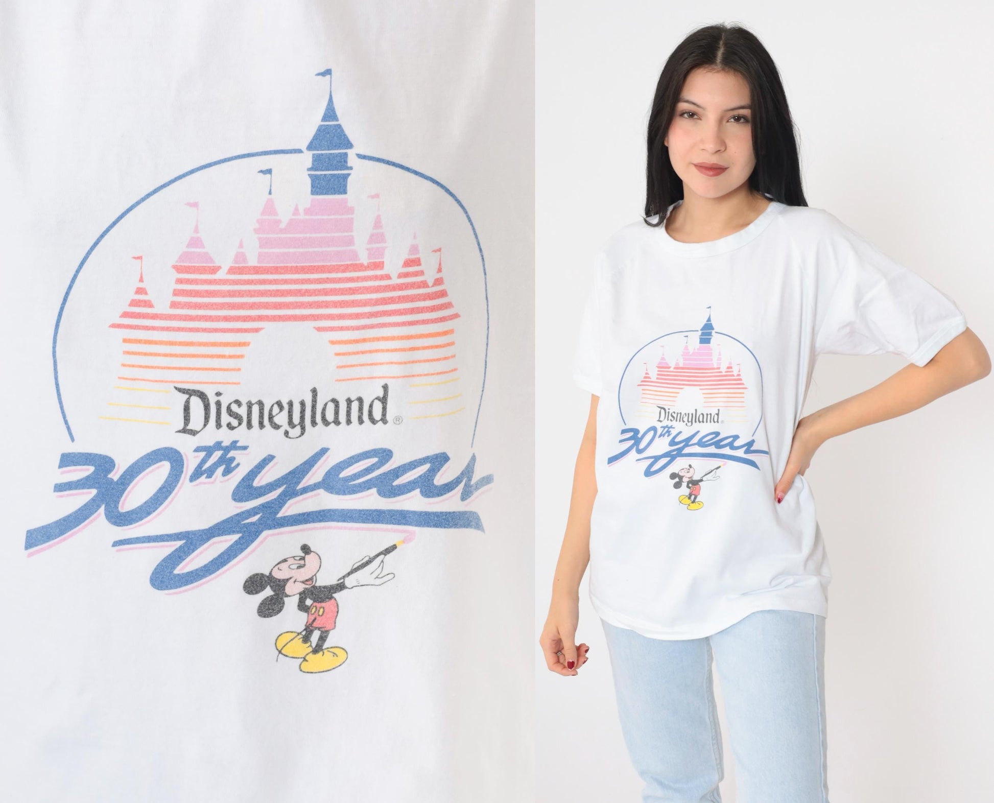 1985 Disneyland 30th Anniversary Mickey Mouse T-Shirt White Raglan Medium