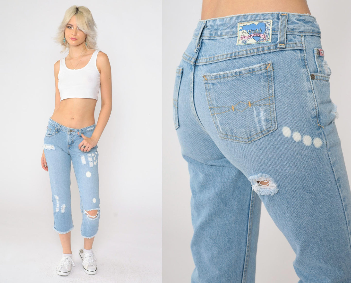 Y2K Mudd Distressed Capri Jeans Light Blue Bleach Splattered Mid Rise Size 3